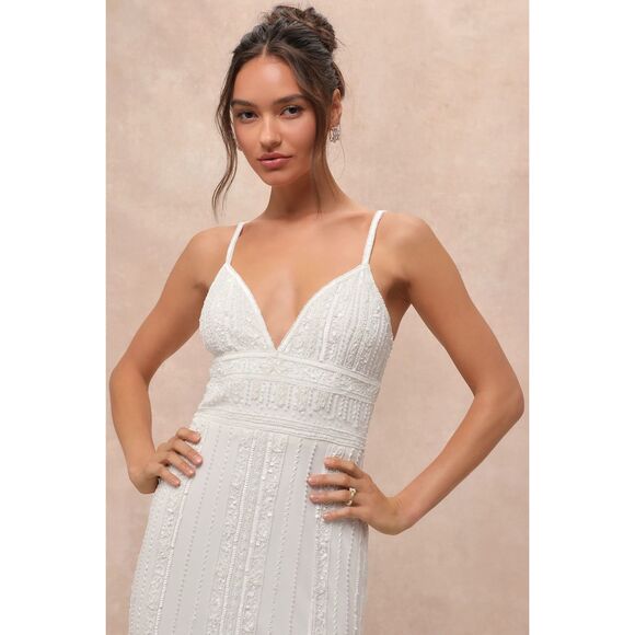 Lulus Stunning Vow White Beaded Sequin Maxi Dress Size L NWT - Picture 4 of 16